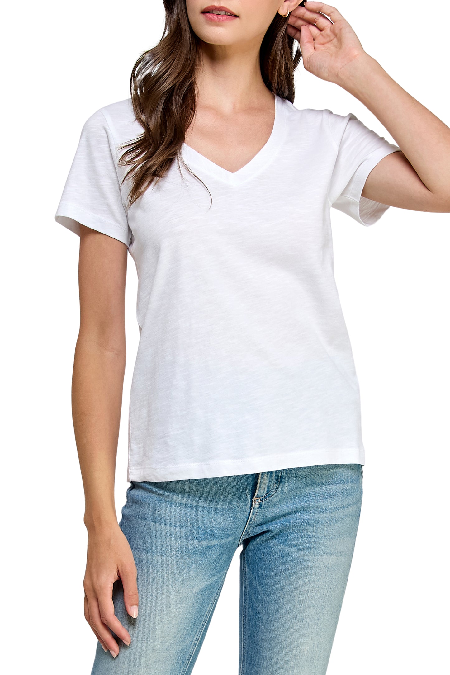 Women's GOTS Certified 100% Organic Cotton White Slub V-Neck T Shirt Short Sleeve Tee Tops